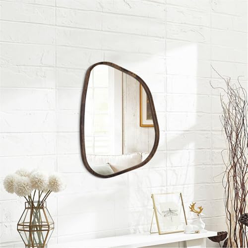 Asymmetrical Mirror Irregular Oval Wall Mirror Modern Wood Frame Unique Shape Wall Mounted Vanity Artistic Mirror Decorative for Living Room Bedroom Bathroom Entryway Hallway 14"x10" - color: Light Tan, size: 14"L x 10"W