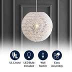 JONATHAN Y 15.7" White Modern Bohemian Woven LED Pendant Light, Adjustable Hanging Ceiling Lamp for Kitchen Island Dining Room, Paper Wicker Shade, Bulb Included JYL6503A - color: White