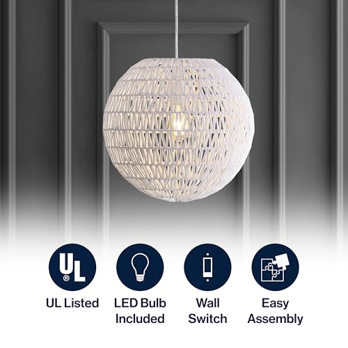 JONATHAN Y 15.7" White Modern Bohemian Woven LED Pendant Light, Adjustable Hanging Ceiling Lamp for Kitchen Island Dining Room, Paper Wicker Shade, Bulb Included JYL6503A - color: White