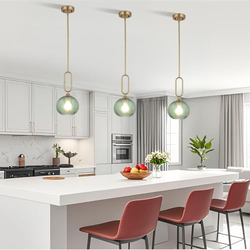 Green Glass Pendant Light Set of 2 Modern Globe Pendant Lighting Nordic Ribbed Gold Ceiling Hanging Chandelier with Brushed Brass Adjustable Rods Dining Room Kitchen Island Light Fixture - color: Gold-Green 2 Pack