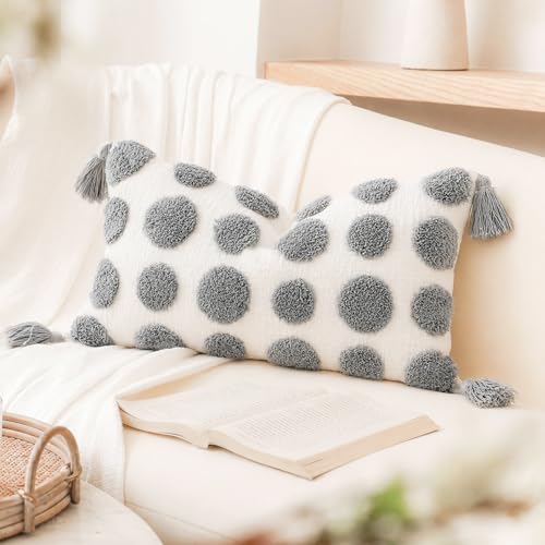 PANOD Super Soft Farmhouse Decorative Plush Throw Pillow Covers 12 x 20 Grey,Solid Pom pom Tufted with Tassels Modern Accent Boho Lumbar Cushion Cover Pillow Case for Couch Sofa - color: Light Grey, size: 20" x 12" (Pack of 1)