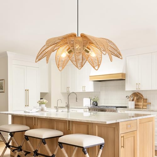 24” Floral Rattan Chandeliers Lights Fixture for Dining Room, 3-Light Large Farmhouse Boho Pendant Lights Fixture, Hanging Hand Woven Wicker Ceiling Lights for Kitchen Island Bedroom Living Room - style: Boho-Flower-24in