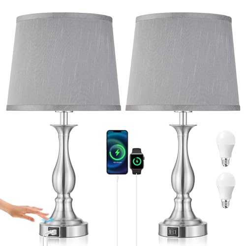 Bedside Table Lamp Touch Control Bedroom Lamps with USB A + C Charging Port 3 Way Dimmable Touch Lamps for Nightstand Living Room Bedroom Dorm Home Office Reading, Set of 2 (Grey Shade & Nickel Base) - color: Grey Shade & Nickel Base