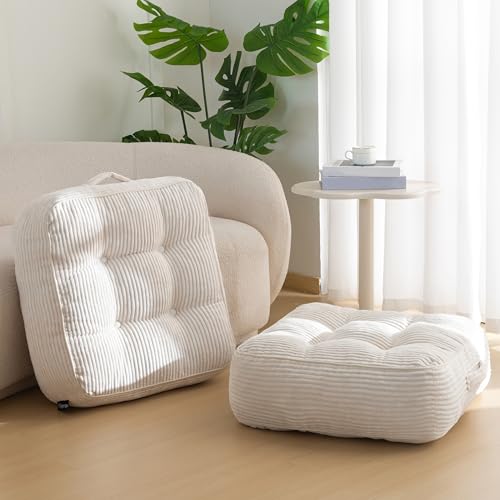 HIGOGOGO 8" Extra Thick Floor Pillow Cushion for Adults, Meditation Cushion Pillow, Large Square Floor Sitting, Tufted Corduroy Cover, for Tatami Living Room or Yoga, 22x22 Inch, 2Pack, Beige - color: Square Beige, size: 8" Thick(Pack of 2)
