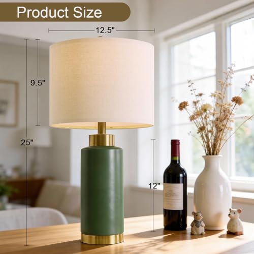USumkky 25" Green Ceramic Table Lamp Set of 2, Modern Mid-Century Bedside Nightstand Lamps for Bedroom Living Room, Linen Shade & Gold Metal Base, Rotary Switch E26 (Bulbs Excluded) - color: 25" Green-2 Pack
