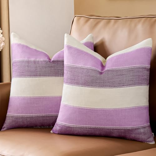 AmHoo Pack of 2 Farmhouse Stripe Check Throw Pillow Covers Set Case Cotton Linen Decorative Pillowcases Cushion Cover for Couch Bench Sofa 16x16 Inch Purple - color: Purple, size: 16" x 16" (Pack of 2)