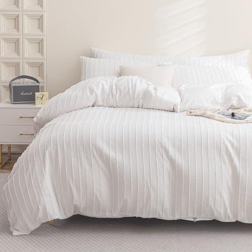 JELLYMONI Duvet Cover Twin Size Bright White - 3PCS Boho Striped Duvet Cover Set Polyester Tufted Bohemian Textured Comforter Cover 68×90in with Corner Ties & Zipper and 2 Pillowcases for Kids - color: Bright White-striped, size: Twin(68"×90")
