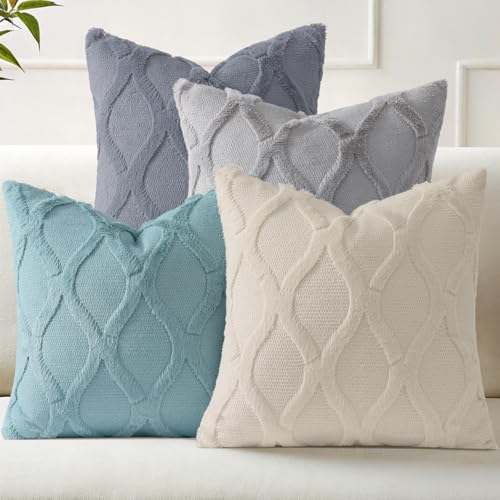 decorUhome Summer Set of 4 Throw Pillow Covers 18x18 Inch, Neutral Decorative Soft Plush Faux Wool Couch Pillow Covers, Farmhouse Pillow Cases for Living Room Bed Sofa (Beige/Grey) - color: Beige Grey, size: 18" x 18" (Pack of 4)