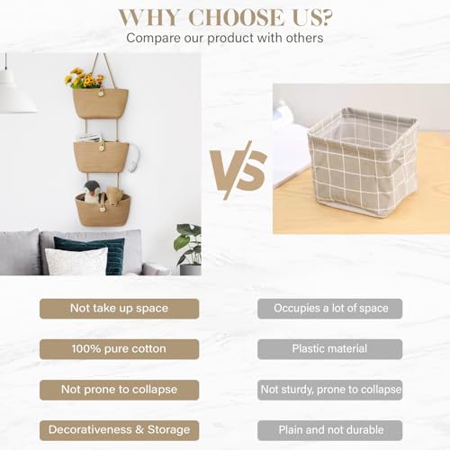 TeoKJ Over the Door Hanging Baskets with Wooden Button, 3-Tier Woven Cotton Storage Organizer Bag, Wall-Mounted with Hook Decorative Hanging Nursery Baskets, Jute - color: Jute, style: 3 tier+Wooden Button