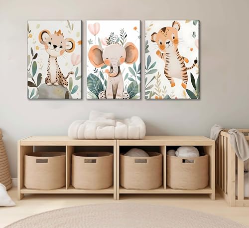 3 Pcs Safari Animals Nursery Canvas Wall Art Jungle Animals Cheetah Elephant Tiger Kids Room Illustration Pictures Wall Decor Posters Print Artwork for Classroom Boy's Girl's Room Bedroom - color: Animal-Canvas, size: 16"L x 12"W