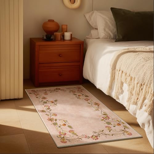 2x3 Washable Small Rugs for Entryway: Door Mat Indoor Entrance Stain Resistant Non Slip Rubber Backed Low Pile Soft Throw Area Rugs for Bedroom Kitchen Front Door Indoor Entrance Foyer Entry - color: Edge Floral Pink, size: 2' x 3' (Rectangular)