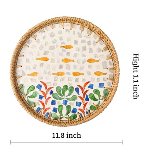 Round Rattan Tray with Mother of Pearl Inlay, Decorative Wicker Serving Tray with Wooden Base, Woven Basket Trays for Bread Fruits Coffee - color: Seabed