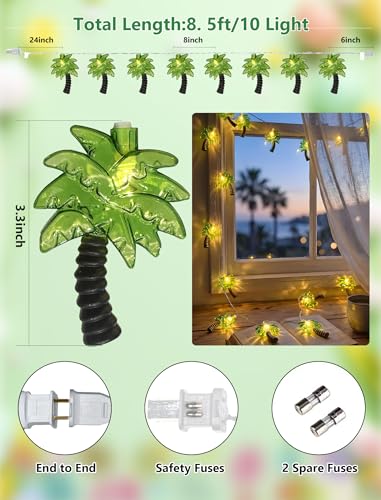 Palm Tree String Lights Outdoor, Summer Beach Themed Decoratives String Lights with 10 Palm Tree Patio Light, Plug in Indoor Fairy Lights for Outdoor Indoor Beach Tropical Party Bedroom Birthday Decor - color: Green Palm Tree Lights