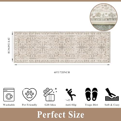 2x6 Washable Kitchen Runner Rug – Boho Vintage Non-Slip Carpet Runner for Hallway, Entryway, Bedroom & Bathroom – Soft Low-Pile Thin Area Rug with Rubber Backing (Beige,2x6) - color: Beige, size: 2' x 6' (Rectangular)