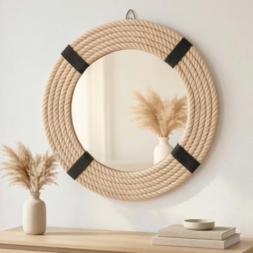 12" Inch Round Rustic Farmhouse Boho Shabby Chic Wall Hanging Mirror with Natural Jute Rope Decor Accent for Entryway, Bedroom, or Living Room (Color 3) - color: Color 3