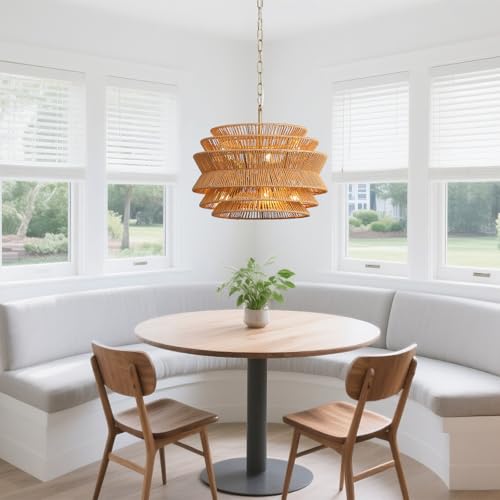 6-Light Boho Rattan Chandelier, 17.7 inch Hand Woven Farmhouse Hanging Light Fixture, Rustic Woven Ceiling Lamp for Kitchen Island, Dining Room, Living Room & Foyer - color: 17.7" Brown