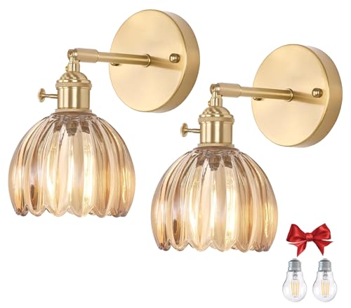 2 Pack Vintage Wall Sconces, Amber Tulip Glass Shade Wall Lamp with 2 Natural Light Bulbs, Hardwired Design with Rotary Switch, Decorative Light for Bedroom Hallway Living Room - color: Amber 2pcsTulip Wall Light