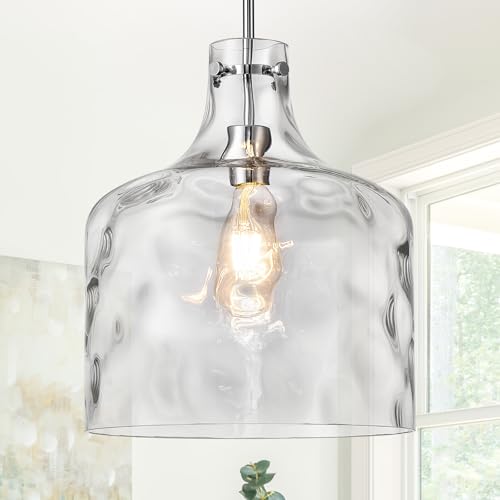 Farmhouse Pendant Light – Hand-Blown Clear Hammered Glass Shade, Chrome Finish, Adjustable Chain Hanging Fixture for Kitchen Island, Dining Room & Hallway, 15" H x 12" D - color: Chain Chrome