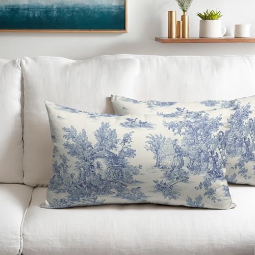 Blue Toile Pillow Covers 12x20 Inch Set of 2 Navy Blue and Beige French Country Cotton Linen Decorative Throw Pillow Case Cottage Vintage Cushion Cover for Bedroom Sofa Living Room Chair Home Decor - color: French Country Blue, size: 20" x 12" (Pack of 2)