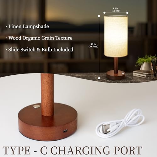 LALISU Cordless Table Lamp, 3 Color Dimming Portable Battery Lamp, Touch Control Wood Base Small Bedside Lamps for Night Stands, Living Room, Office(LED Bulb Included) (Cordless Wood Base) - color: Beige Shade+Cordless Wood Base