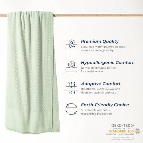 THREAD SPREAD Knitted Geometric Herringbone Pattern Handwoven Blanket 100% Extra Long Staple Cotton - Soft & Cozy Thermal All Season Throw for Bed Couch Chair Outdoors (Twin/Twin XL, Sage) - color: Herringbone - Sage Green, size: Twin / Twin XL