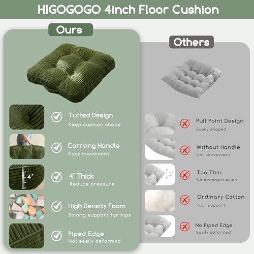 HIGOGOGO Floor Pillow Cushion for Adults, Meditation Cushion Pillow, Large Square Floor Sitting, Tufted Corduroy Cover, for Tatami Living Room or Yoga, 2Pack, Dark Green - color: Dark Green, size: 4" Thick(Pack of 2)