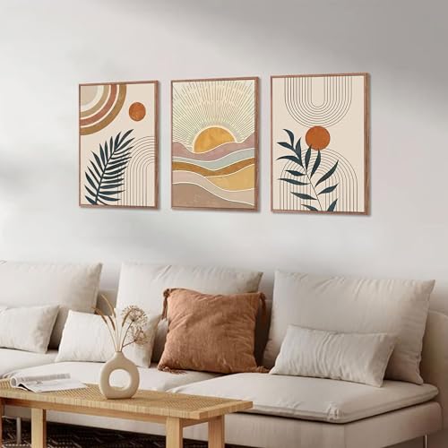 3Pcs Framed Boho Abstract Wall Art Orange Rainbow Sun Desert Minimalist Picture Mid-Century Modern Poster Prints Neutral Botanical Geometric Canvas Painting Wall Decor for Living Room 24L" x 16W" - color: Framed, size: 24L" x 16W"