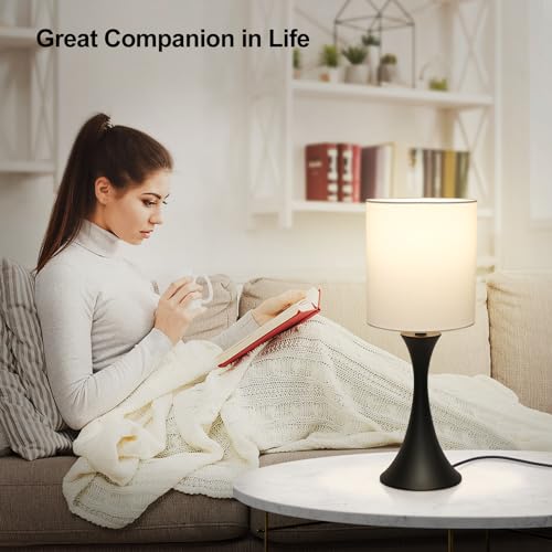 Seaside village 3 Way Touch Control Table Lamp, Modern Bedside Lamp for Bedroom, Dimmable Black Nightstand Lamp White Shade Desk Reading Light for Living Room Office Dorm, 3000K LED Bulb Included - color: Black Base with White Shade