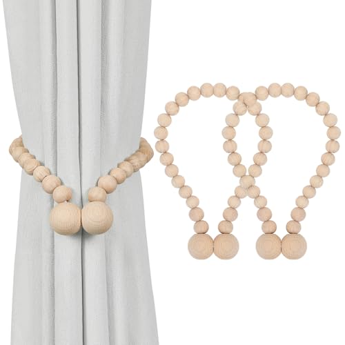 KLOGTSIND Magnetic Curtain Tiebacks, Curtain Tie Backs for Curtains 2 Pack, Wood Bead Curtain Tiebacks, Curtain Holders for Boho Bedroom Decor, Baby Nursery Decor, Farmhouse Décor - color: Beechwood
