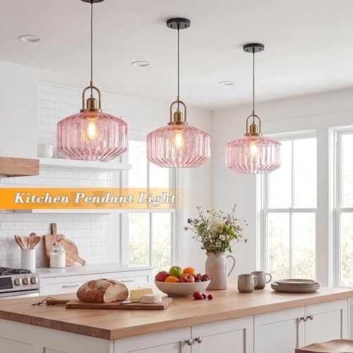 11.8in Mid Century Modern Pendant Light, Gold Large Pink Glass | Vintage Lighting Fixture Ceiling Hanging Lamp for Kitchen Island Foyer Dining Room Bedroom Entryway Hallway Over Sink Table - color: Pink & Gold Hardwire, size: 11.8in