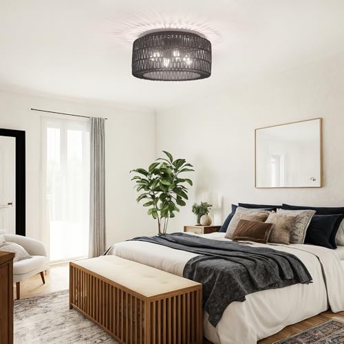 Rattan Light Fixtures Ceiling Mount,4-Lights Boho Flush Mount Ceiling Light with Hand-Woven Shade, 18''Rattan Farmhouse Chandelier for Hallway Bedroom Kitchen Farmhouse Foyer Entryway (Black) - color: Black, size: Large