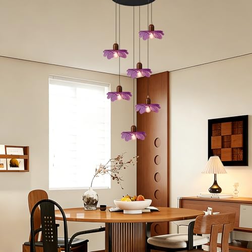 Purple Flower Glass Pendant Light 6-Light Cluster Chandelier Adjustable Hanging Ceiling Light Modern Pendant Lamp for Entryway Dining Room Living Room Foyer - color: Purple, 6 Lights