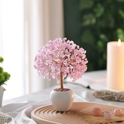 Rose Quartz Stone Chakra Crystal Tree Money Tree Feng Shui Gemstone Tree of Life with Pot Base, Good Luck Tree Christmas Home Office Desk Crystal Decor Ornaments, for Emotional Healing, Heart Chakra - color: Rose Quartz Copper Wire