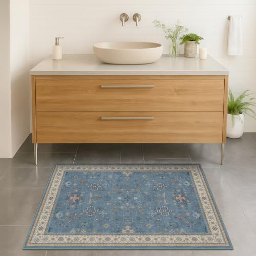 Blue 2x3 Washable Rug for Entryway Indoor, Kitchen Floor Waterproof, Bathroom, Powder Room, Non Slip Low Pile Stain & Fade Resistant, Modern Eclectic Floral Decor - color: Dusty Blue, size: 2' x 3' (Rectangular)