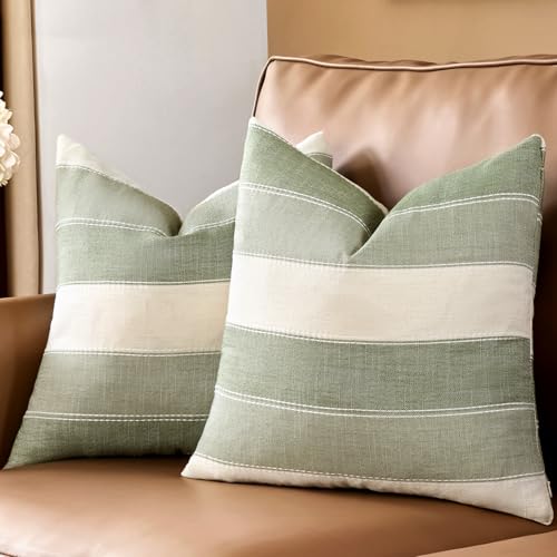AmHoo Pack of 2 Farmhouse Stripe Check Throw Pillow Covers Set Case Cotton Linen Decorative Pillowcases Cushion Cover for Couch Bench Sofa 16x16 Inch Sage Green - color: Sage Green, size: 16" x 16" (Pack of 2)