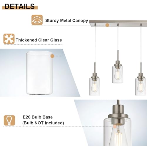4-Lights Pendant Light Fixtures, Modern Brushed Nickel Kitchen Island Lighting with Clear Glass Shade, Adjustable Hanging Ceiling Lamp - color: Brushed Nickel, size: 4-Light