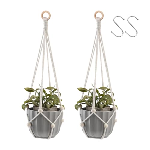 Artilady Hanging Planter for Indoor Plants Macrame Plant Hanger Large Hanging Plant Holder with Adjustable Beads Plants Basket White Rope Boho Plant Wall Decor (White Bead-2pcs) - color: White Bead-2pcs