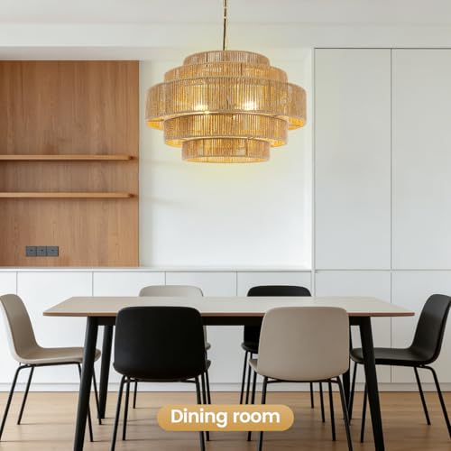 BoostArea 5-Tier Boho Chandelier Light Fixture,20" Hand Woven Pendant Lights Kitchen Island,Large Farmhouse Pendant Light for Kitchen,Dining Room,Hallway, Foyer - color: Gold & Brown