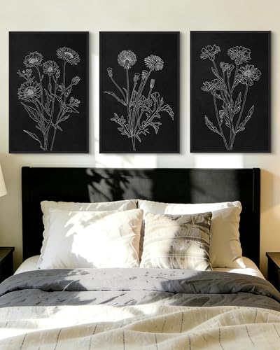 Drsoum Black White Flower Wall Art Vintage Minimalist Floral Wall Hanging Decor Bohemain Botanical Prints Artwork for Bedroom Living Room Hallway 24x36in Black Framed - color: White Flower, size: 24x36in, Black Framed