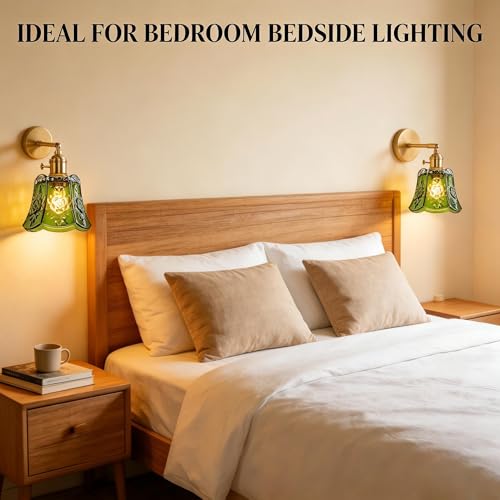 2 Pack Vintage Wall Sconces, Green Wind Chime Glass Shade Wall Lamp with 2 Natural Light Bulbs, Hardwired Design with Rotary Switch, Decorative Light for Bedroom Hallway Living Room - color: Green 2pcs Flower Wall Light