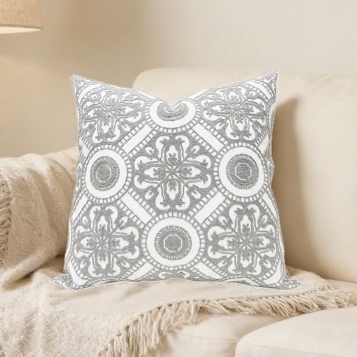 Slow Cow Embroidery Decorative Throw Pillow Cover Cushion Cover for Couch Sofa 18 x 18 Inches Canvas Embroidery Grey - color: Grey Circle, size: 18" x 18" (Pack of 1)