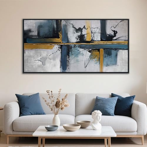 Abstract Canvas Wall Art Framed Modern Wall Art for Living Room Navy Blue Artwork for Walls, Above Bed Wall Decor With Navy and Gold for Bedroom and Living Room Office Pictures Wall Decor 24×48IN - color: Navy, size: 48"L x 24"W