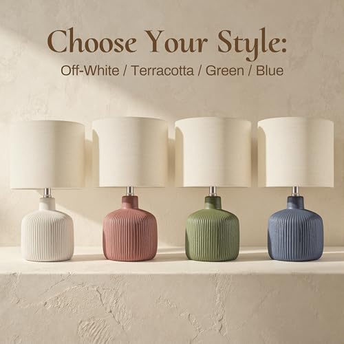 Ceramic Table Lamp, Oliver Green, 17.75" | Beige Linen Shade, Warm Ambient Lighting, Bedside Nightstand, Natural - color: Green