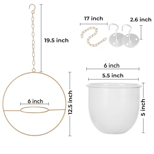 2 Pack Hanging Planters for Indoor Plants with 5.5" Pot + Ceiling Hook + Extender Chain | Hanging Plant Holder, Metal Minimalist Planter, NO Plant incld - color: Gold & White