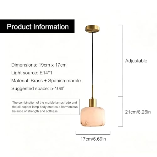 Alabaster Pendant Light Natural White Stone Shade Mini Hanging Lamp Kitchen Island Lighting with Solid Brass Body for Dining Room Bedroom, Adjustable Height 6.69", E26 Socket