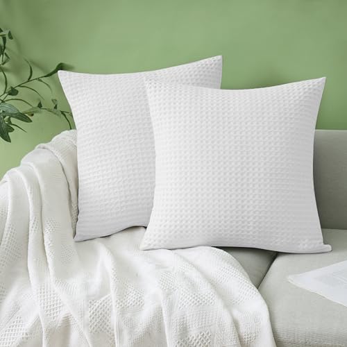 100% Egyptian Cotton 600 TC Waffle Weave Throw Pillow Covers 2 Pack, Ultra Soft Breathable Euro Pillow Shams Covers, Decorative Cushion Covers for Bed Couch Sofa Car, No Insert, White, 20" x 20" - color: White, size: 20" x 20" (Pack of 2)