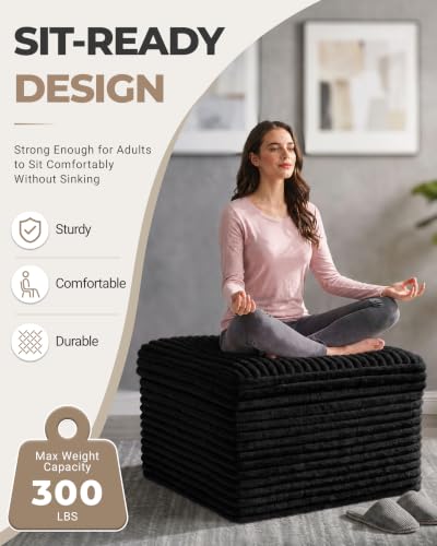 23.6in Pouf Ottoman, Corduroy Ottoman Foot Rest with Dual‑Layer Support, Large Poofy Pouf with Soft Chunk‑Foam Top & Firm Foam Base, Floor Foot Stool for Living Room, Black - color: Black