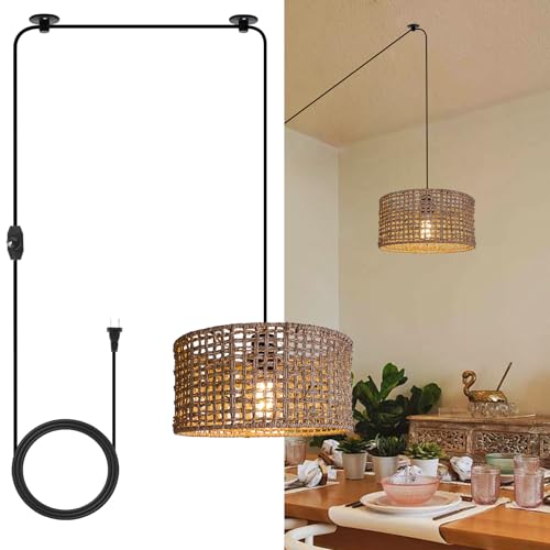 HuisMier Plug in Pendant Light with Hand Woven Rattan Lampshade, Dimmable Hanging Lamp with 15 FT Plug in Cord, Boho Pendant Light Fixture for Bedroom Kitchen Island Dinning Table - color: Beige Drum