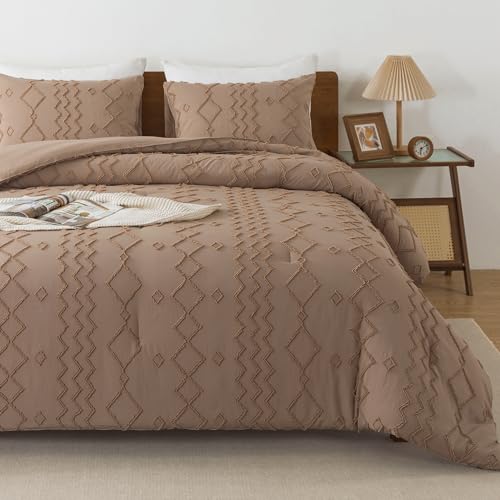 Andency Taupe Tufted Comforter Set Full(79x90Inch), 3 Pieces(1 Boho Comforter, 2 Pillowcases) Textured Farmhouse Bed, Soft Down Alternative Geometric Bedding Set - color: 06 - Taupe, size: Full (79"x90")