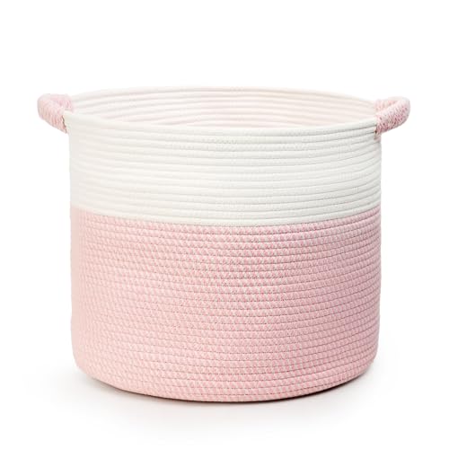 Blanket Basket (16"Dx14"H) - Round Woven Rope Storage for Living Room Throws, Pillows & Laundry- White/Mixed Pink - color: White/Mixed Pink, size: 16" X 16" X 14"